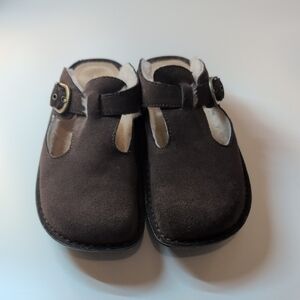 Alegria Brown Suede/Shearling Clogs with Buckle